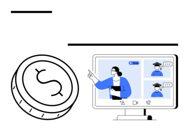 Sanal hoca ve öğrencilerin mezuniyet şapkaları ve büyük paralarla görüntülendiği monitör. Çevrimiçi eğitim, uzaktan öğrenme, ağ, v11 inarlar, finansal okur-yazarlık, e-öğrenim platformları için ideal