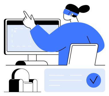 Artırılmış gerçeklik gözlükleriyle sanal bir proje üzerinde çalışan tasarımcı bilgisayar ekranını, sandalyeyi ve tamamlanmış görev bildirimini işaret ediyor. Teknolojik gelişmeler için ideal, ARVR, uzaktan çalışma, sanal