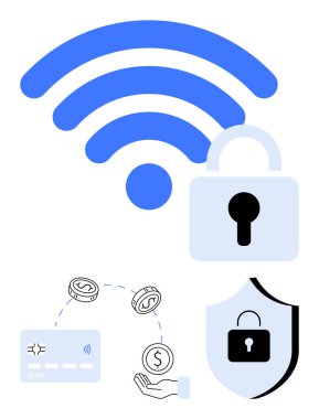 Kilitli kablosuz sinyal, kilitli kalkan, bozuk paralar ve güvenli işlemleri gösteren kredi kartı. Siber güvenlik, çevrimiçi bankacılık, mali güvenlik, güvenli ödemeler için ideal