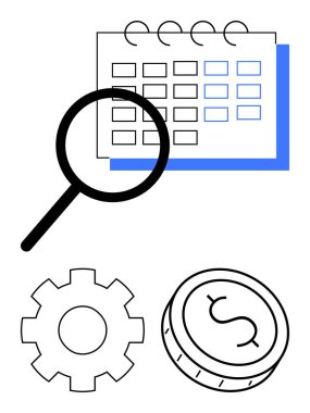 Detaylı planlama, işlem analizi, mühendislik ve finansal sezgileri sembolize eden büyüteç, dişli ve bozuk para takvim sayfası. Proje yönetimi, finans ve iş stratejileri için ideal