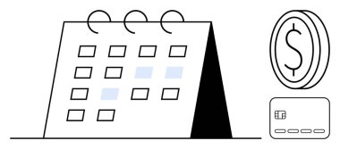 Takvim, bir dolar ve kredi kartının yanında ayakta duruyor. Bütçeleme, planlama, finansal planlama, kişisel finans, tasarruf, gider takibi ve yatırım planlaması için ideal. Çizgi