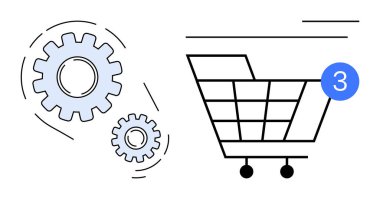 Alışveriş arabasının yanında birbirine kenetlenmiş iki vites ve üç numarayı gösteren bir uyarı baloncuğu. E-ticaret, alışveriş, sistem optimizasyonu, bildiriler, endüstri, çevrimiçi perakende satış için ideal