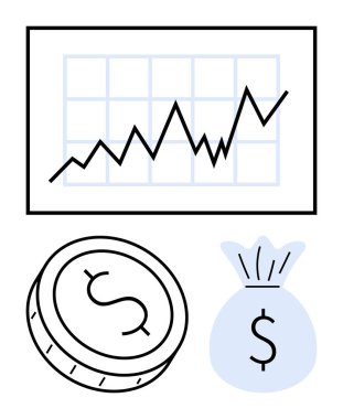 Yükselen finansal grafik, dolar sembollü tek bozuk para ve güvenli para çantası. Ticari büyüme, yatırım, tasarruf, muhasebe, finans yönetimi ekonomik trendler için idealdir. Çizgi