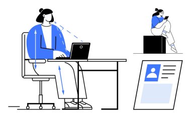 Masada dizüstü bilgisayar kullanan bir kadın, akıllı telefonlu bir diğeri blokta oturuyor. Profil sayfası görünür. Uzak çalışma, üretkenlik, sosyal medya, teknoloji, iletişim, ofis çevrimiçi profilleri için ideal