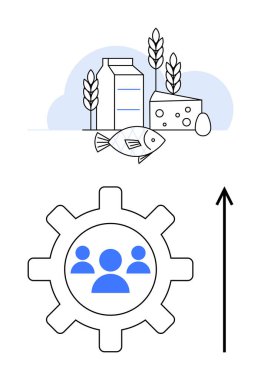 Süt peynirli yumurta, balık buğday teçhizatı ve yukarı ok. Tarım, gıda endüstrisi, işgücü, sürdürülebilirlik, büyüme, üretkenlik, takım çalışması için ideal. Satır metaforu