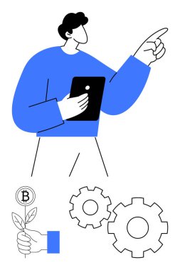İşadamı işaret ederken bir tablet tutuyor, bir el Bitcoin fabrikasını tutuyor, dişliler işlevi simgeliyor. Finans, teknoloji, yenilik, büyüme, iş stratejisi, kripto para birimi için ideal