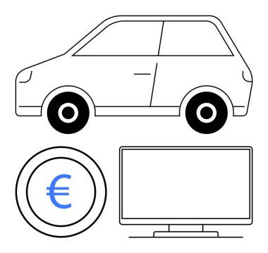 Araba yan görünümü, bir daire içinde Avrupa para birimi sembolü ve dikdörtgen televizyon ekranı. Ulaşım, finans, elektronik, çevrimiçi dükkanlar, reklamlar, bilgi grafikleri ve sunumlar için ideal