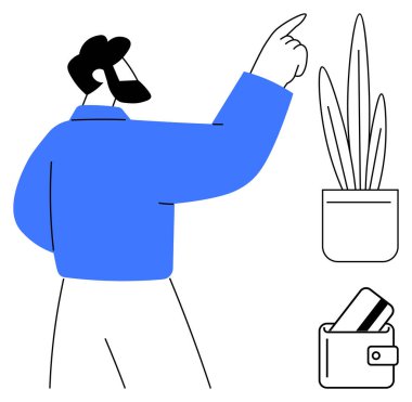 Mavi gömlekli bir adam sağ eliyle yukarıya bakıyor, saksı bitkisi ve cüzdanı yakınlarda. İş, finans, teknoloji, tasarruflar, yaşam tarzı, yönetim, kişisel büyüme temaları için ideal