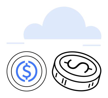 Mavi bulutun altında dolar sembolleri olan iki sikke. Finans, bankacılık, kripto para birimi, dijital işlemler, çevrimiçi ödemeler, bulut hesaplama, finansal teknoloji için ideal. Satır metaforu