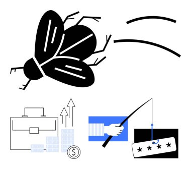 Uçan böcek, şifreli olta, finansal büyüme okları, evrak çantası ve siber güvenlik tehditlerini vurgulayan madeni paralar. Sunumlar için ideal, siber güvenlik eğitimi, mali risk