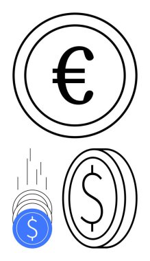Avro ve Dolar sikkeleri dikey olarak istiflenmiş mavi dolar paraları ile birlikte hareket halindedir. Finans, bankacılık, döviz kuru, yatırım, ticaret, ekonomi ve küresel piyasalar için idealdir. Satır metaforu