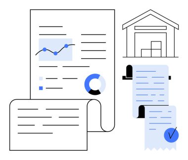 Grafik ve çizelgelerle dolu belgeler, bir depo binası ve makbuzlar. Veri analizi, envanter yönetimi, mali raporlama, iş operasyonları ve lojistik için ideal. Temiz modern biçim