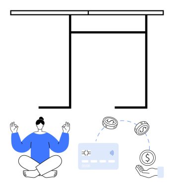 Temassız kart okuyucu ve para transferinin yanında meditasyon yapan rahat bir birey. Finansal refah, stres giderme, nakit para transferleri, modern bankacılık, kişisel finans, farkındalık için ideal