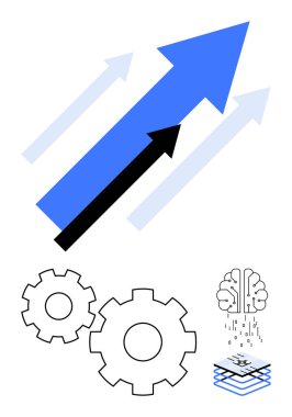 Three upward arrows, two gears, brain icon with data lines, and digital layers. Ideal for growth, automation, AI, technology data analysis innovation and business strategy. Line metaphor clipart