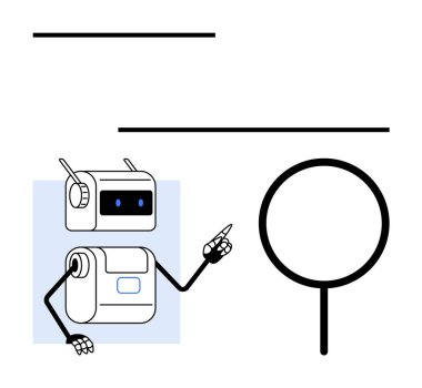 Antenli ve gülümseyen yüzlü robot büyütece bakıyor. Teknoloji, yenilik, arama, rehberlik, yapay zeka, eğitim ve keşif için ideal. Satır metaforu