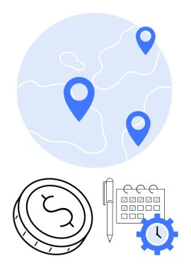 Yer işaretleyicili dünya haritası, bozuk para, kalemli takvim ve saatli teçhizat. Küresel işletme, finansal planlama, proje yönetimi, zamanlama, zaman yönetimi seyahati için ideal