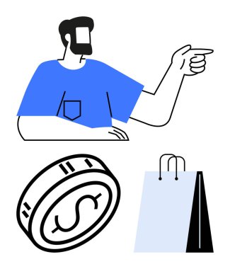 Mavi gömlekli adam, yanında bir dolar ve alışveriş çantası olan. Finans, e-ticaret, alışveriş, tasarruf, yatırımlar, karar verici tüketici davranışları için idealdir. Satır metaforu