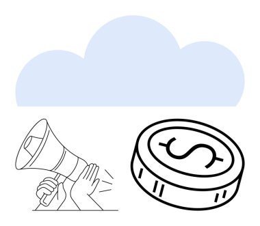 Mavi bulut, megafon ve para. Bulut hesaplama, pazarlama, finans duyuruları iletişim teknolojisi dijital ekonomisi için idealdir. Çizgi benzetmesi. Çizgi benzetmesi. Basit satır simgeleri