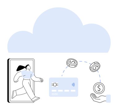 Akıllı telefondan çıkan kişi, dijital kredi kartı, bozuk para, el parası, mavi bulut. Çevrimiçi alışveriş, e-ticaret, dijital ödemeler, bulut depolama mali işlemleri için ideal