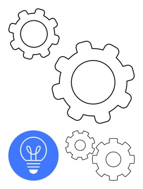 Çeşitli boyutlarda vitesler mavi bir dairede ampul ikonu ile eşleştirilmiş. Mühendislik, yenilik, teknik tasarım, problem çözme, mekanik, yaratıcılık ve teknoloji için ideal. Satır metaforu