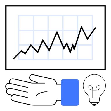 El, ampul, yükselen eğilimli çizgi çizelgesi. Ticari büyüme, yenilik, destek, finansal başarı, strateji takım çalışması fikirleri için idealdir. Satır metaforu
