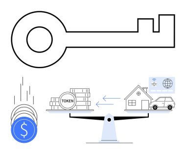 Large key, cryptocurrency tokens, scaling for house and car exchange, depicting balance and exchange. Ideal for finance, blockchain, real estate, investments, financial planning digital currency clipart