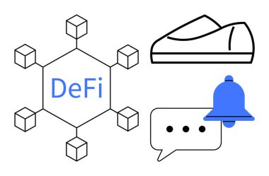 Blockchain network with DeFi text, sneaker outline, notification bell, and chat bubble with three dots. Ideal for finance, cryptocurrencies, technology, e-commerce, communication, notifications clipart