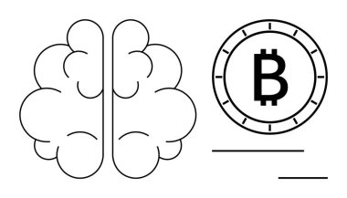 Bitcoin sembolünün yanındaki beyin simgesi kripto para birimi ve entellektüel yatırımın kesişimini gösteriyor. Engelleme zinciri, fintech, inovasyon, eğitim, yatırım, kripto para birimi kılavuzları için ideal
