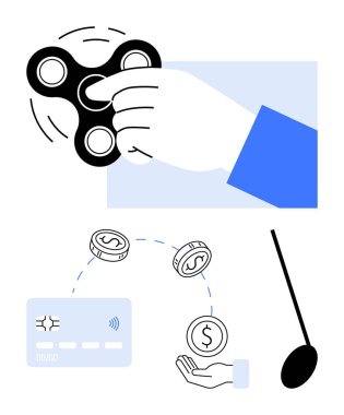 Kıvrımlı el hareketi, bozuk paraların eline düşmesi, NFC sinyalli kredi kartı, büyüteç. Finans, teknoloji, temassız ödemeler, yenilik, finansal büyüme modern işletmeler için ideal