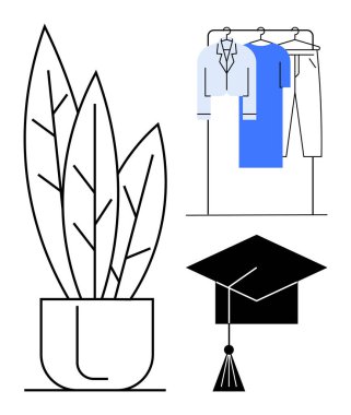 Potted plant with large leaves, hanging shirts and pants on a rack, and a graduation cap. Ideal for themes of nature, home decor, fashion, clothing, education success and lifestyle. Line metaphor clipart