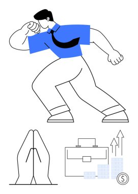 Esnek kollu, evrak çantalı, grafikli, bozuk paralı ve dua eden elleri olan bir işadamı. İş büyümesi, kariyer başarısı, mali planlama ve motivasyon stratejisi için ideal