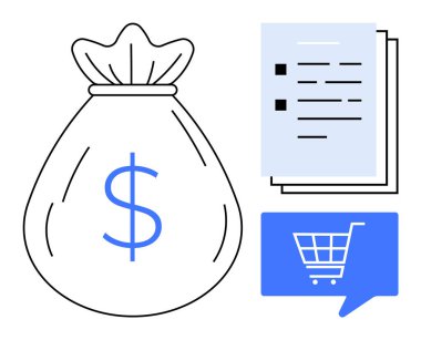 İki belgenin yanında mavi dolar işareti ve çeşitli finansal faaliyetleri sembolize eden mavi bir alışveriş arabası simgesi olan para çantası. E-ticaret, bütçe, fatura, mali planlama ve muhasebe için ideal