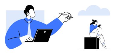 Bilgisayarlı ve kalemli bir meslektaşım bir blokta oturan mobil bir cihazda diğeriyle iş birliği yapıyor. Uzak çalışma, takım çalışması, dijital iletişim, modern işgücü, üretkenlik için ideal