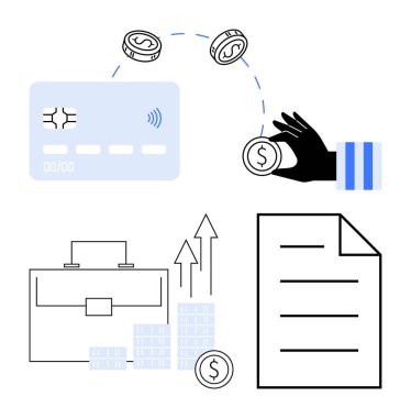 Kablosuz sembollü kredi kartı, bozuk para, evrak çantası, yukarı doğru oklu çubuk grafikler ve bir belge. Finans, bankacılık, yatırımlar, tasarruf iş büyümesi finansal planlama için ideal
