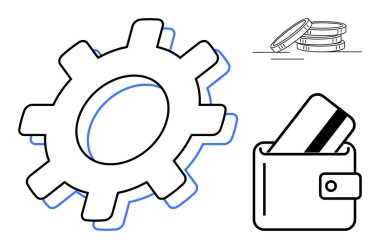 Vites mekanizması, içinde kredi kartı olan cüzdan ve finansal süreçleri gösteren madeni para yığını. Finansal planlama, bankacılık teknolojisi, yatırım, tasarruf, işlemler, bütçe