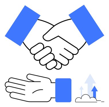 Tokalaşma, açık el ve yukarı doğru oklar. Ortaklık, işbirliği, güven, anlaşma, destek, fırsat büyüme hattı metaforu için ideal