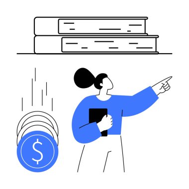 Kitapları tutan kadın, üst üste istiflenmiş iki kitap ve madeni paranın yakınını işaret ediyor. Eğitim, yatırım, kariyer büyümesi, finansal planlama, bilgi edinme, başarı tasviri için ideal. Çizgi