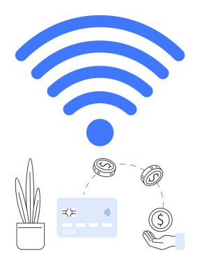 Banka kartı, bozuk para ve dolar işareti gibi dijital işlem elemanlarının üzerinde kablosuz sinyal. Finansal teknoloji için ideal, çevrimiçi ödemeler, e-ticaret, kablosuz işlemler, finansal işlemler