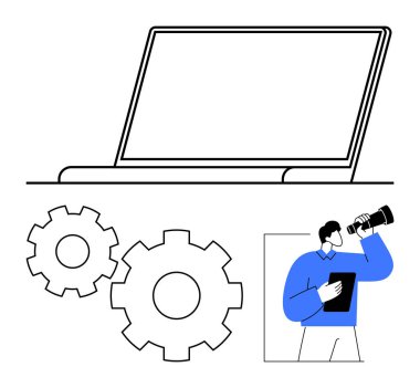 Yanında bir laptop ve iki vites bulunan dürbün ve tablet tutan kişi. Teknoloji, iş stratejisi, sorun çözme, yenilik, arama optimizasyonu, veri analizi, gelecekteki eğilimler için ideal