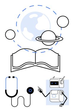 Uzay elementlerinin steteskopuyla açık bir kitap ve gelecekteki öğrenmeyi temsil eden bir robot. Eğitim, teknoloji, uzay, sağlık hizmetleri, yapay zeka, robot bilimi ve yenilik temaları için idealdir. Satır metaforu