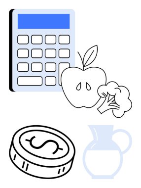 Elma, brokoli, bozuk para ve sürahi dışında hesap makinesi. Bütçe, beslenme planlaması, sağlıklı yaşam tarzı, yemek hazırlama maliyeti analizi finansal eğitim için idealdir. Satır metaforu