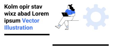Kadın dizüstü bilgisayarla oturur, vites simgesi ve yer tutucu metnin yanına. Teknoloji şirketleri için ideal, verimlilik, uzaktan çalışma, organizasyon, modern çalışma alanı, pazarlama malzemeleri, eğitim içeriği. İniş
