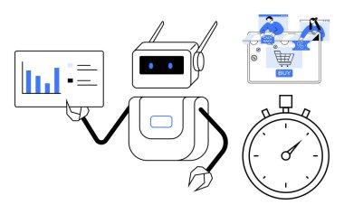 Yapay zeka robotu veri tablosu, e-ticaret alım arayüzü, kronometre sunar. Teknoloji, yapay zeka, robot bilimi, e-ticaret, zaman yönetimi otomasyon verimlilik kavramları için idealdir. Satır metaforu