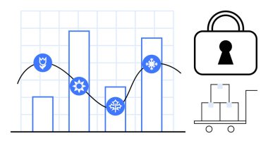 Simgeli bar tablosu, bağlantı noktaları çizgisi, büyük asma kilit sembolü, istiflenmiş kutuları taşıyan el arabası. Lojistik, veri analizi, tedarik zinciri güvenliği, iş büyümesi, risk yönetimi için ideal
