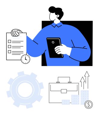 Bir kontrol listesi ve tablet tutan adam, saat simgesi, vites, evrak çantası, yükselen grafik, para. İş planlaması, üretkenlik, büyüme stratejileri için ideal zaman yönetimi ofis toplantıları hedef belirleme