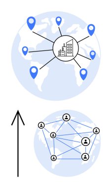 Küre, küresel ağı gösteren iğne işaretleyicileri ve bağlı kullanıcı simgeleriyle iş büyümesini gösteriyor. Küresel iş, ağ, bağlantı, piyasa analizi, lojistik ve veri paylaşımı için ideal