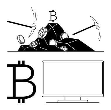 Pickaxes mining bitcoins from rock heap, large Bitcoin symbol, and a computer monitor. Ideal for cryptocurrency education, digital finance, blockchain technology, investment, financial analysis clipart