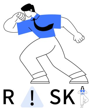 Businessperson in blue shirt moving confidently forward with RISK text featuring exclamation mark and small cautious figure. Ideal for motivation, leadership, risk management, business strategy clipart