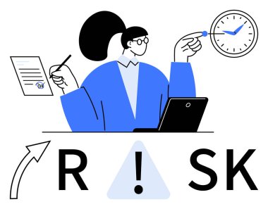 İş kadını elinde kalem ve belge tutarken saati işaret ediyor, dizüstü bilgisayarı var ve aşağıda risk metni var. Risk yönetimi, zaman yönetimi, karar verme, iş stratejisi, mali