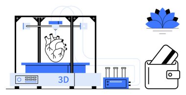 3D yazıcı, kartı olan bir cüzdana komşu bir insan kalbi üretiyor ve nilüfer çiçeği de sağlık, finans ve temizlikte teknolojik yenilik gösteriyor. Biyoteknoloji ve dijital için ideal